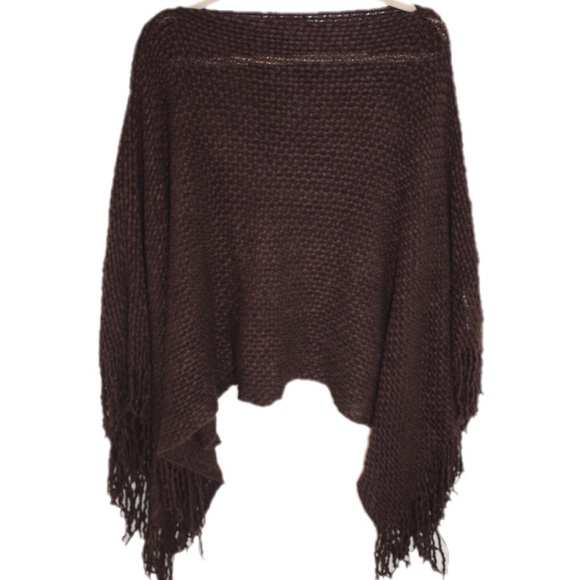 Sweaters - Chocolate Knit Poncho with Fringe